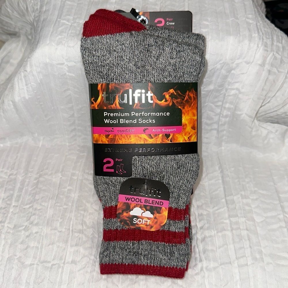tru|fit Premium Unisex Wool Blend Arch Support SOCKS PACK OF 2 Heather Gray Red